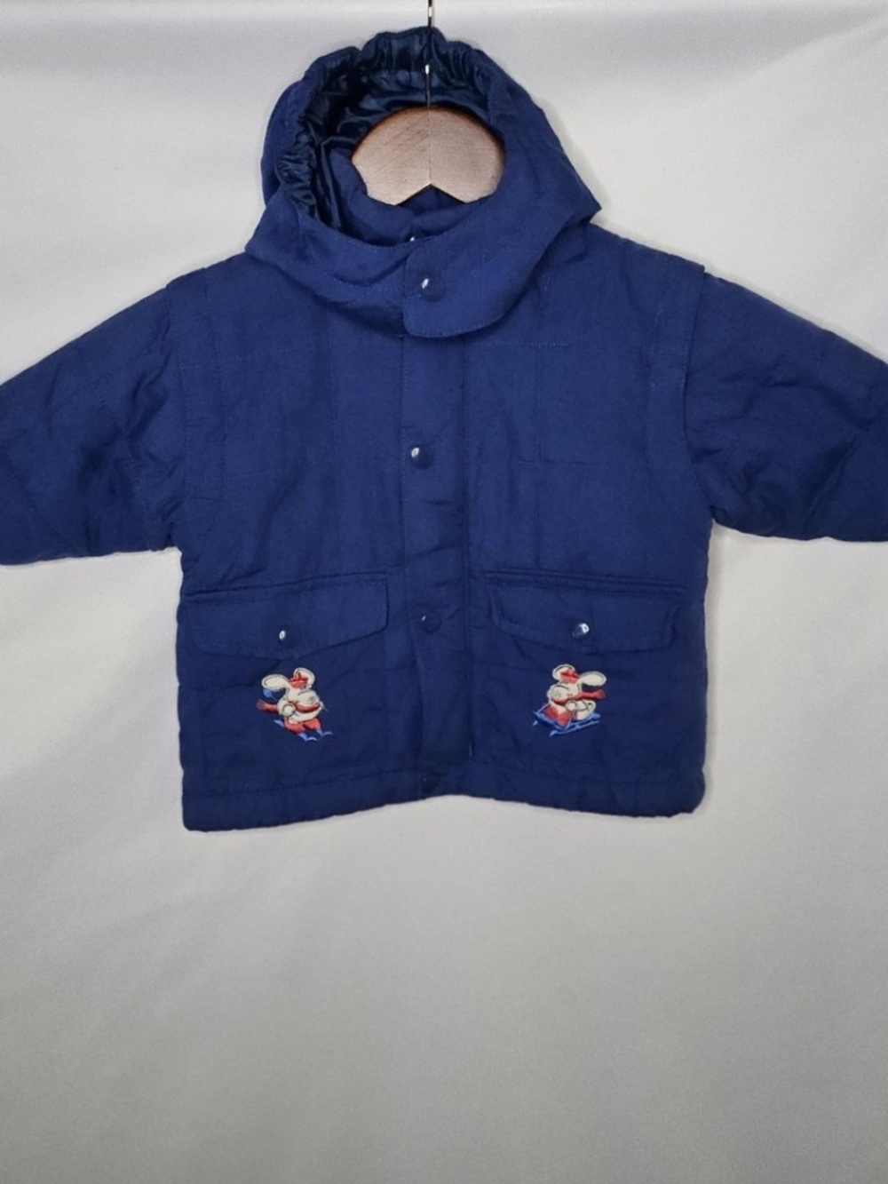 VTG Kids N Fun Navy Blue Snap Front Removable Hoodie Quilted Jacket Dog Sled 12M